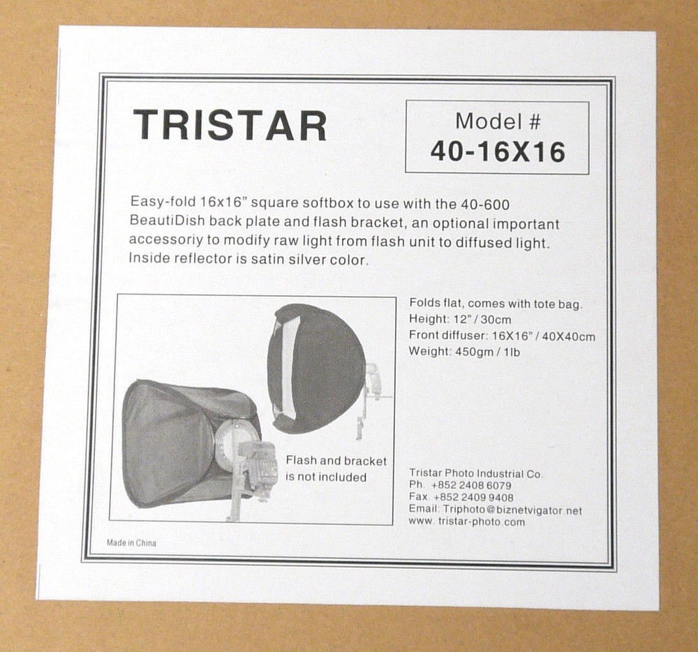 (PRL) TRISTAR EASY-FOLDER SOFTBOX FLASH MODEL 40x40 16x16" STUDIO LIGHT DIFFUSER