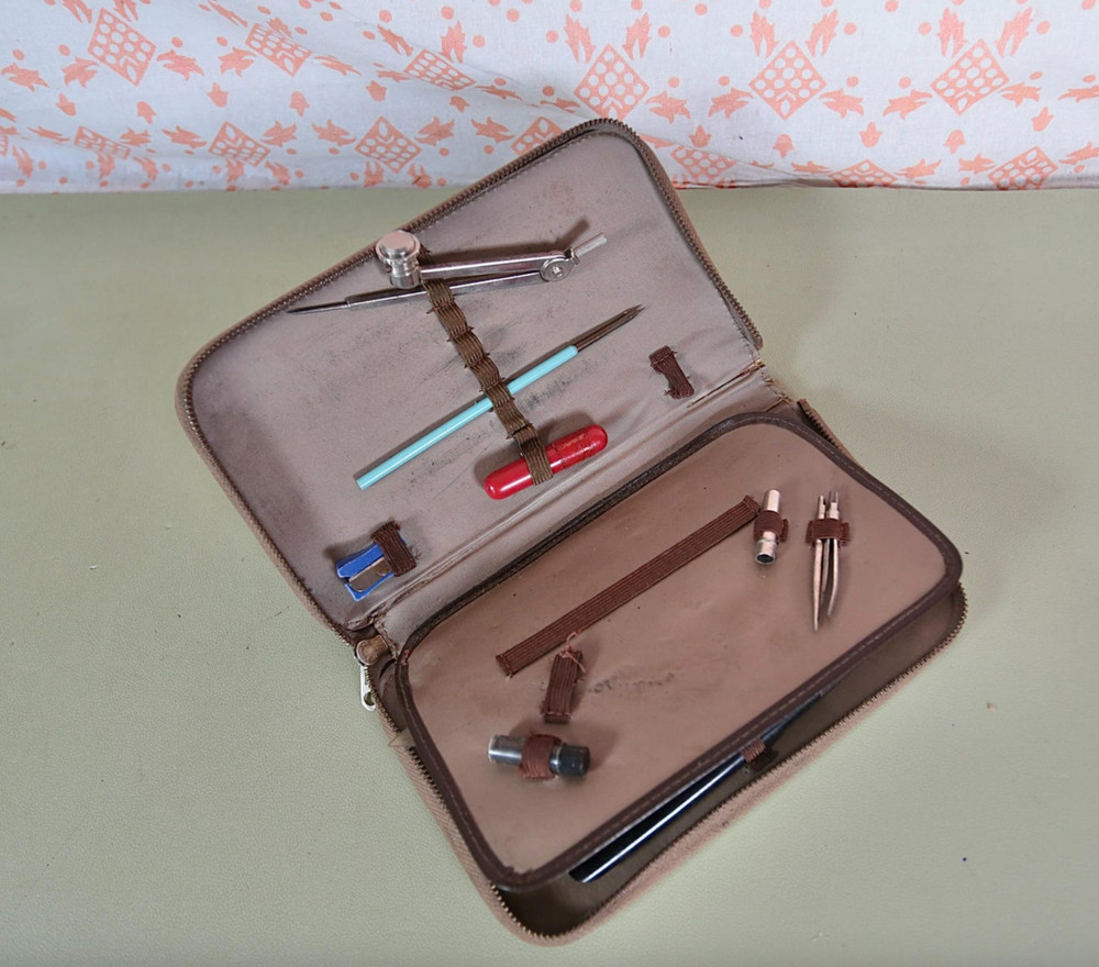 Vintage Drawing Set In Brown Case