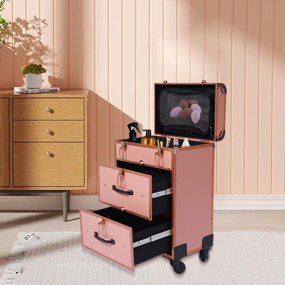 Large Rolling Makeup Case Trolley Makeup Organizer Cosmetic Storage Case Wheels