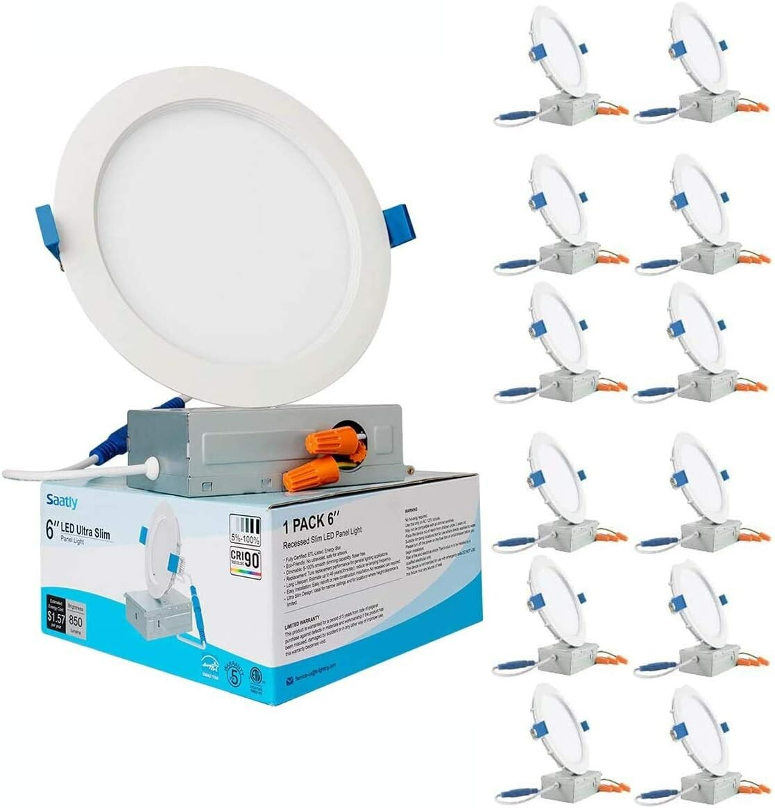6 packs 6 inch Ultra-Thin Recessed Dimmable with Junction box 5000K