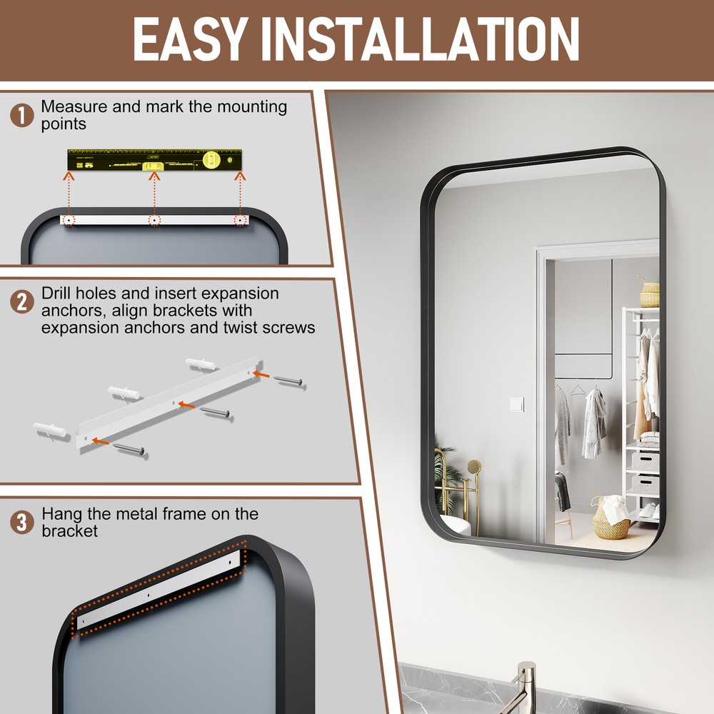 36" x 24" Bathroom Wall Mirror Rounded Corner Rectangle Vanity Mirror Black