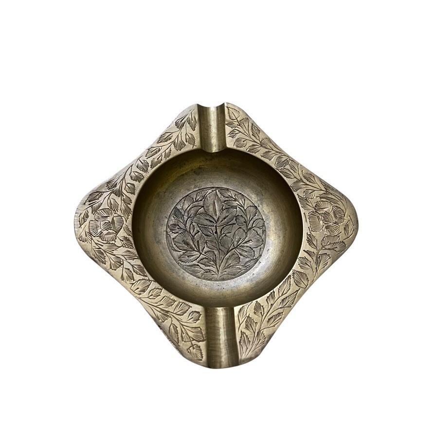Solid Brass Engraved Leaf Pattern 4" Square Ashtray Coin Tray Made India W1288