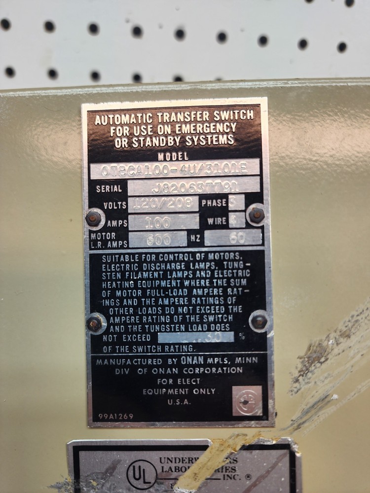 Power Sentry Onan automatic Transfer main Panel OTBCA1004U/3101E, 100 A, 3 ph