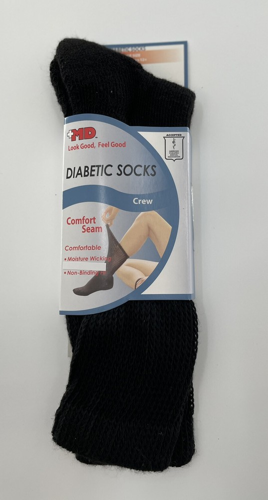 +MD PlusMD Diabetic Crew Socks Black non binding seamless one pair