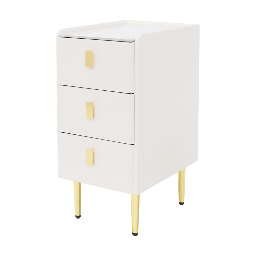 3 Drawer Narrow Side Table - Leather & Wood, Titanium-plated, Rectangular Modern