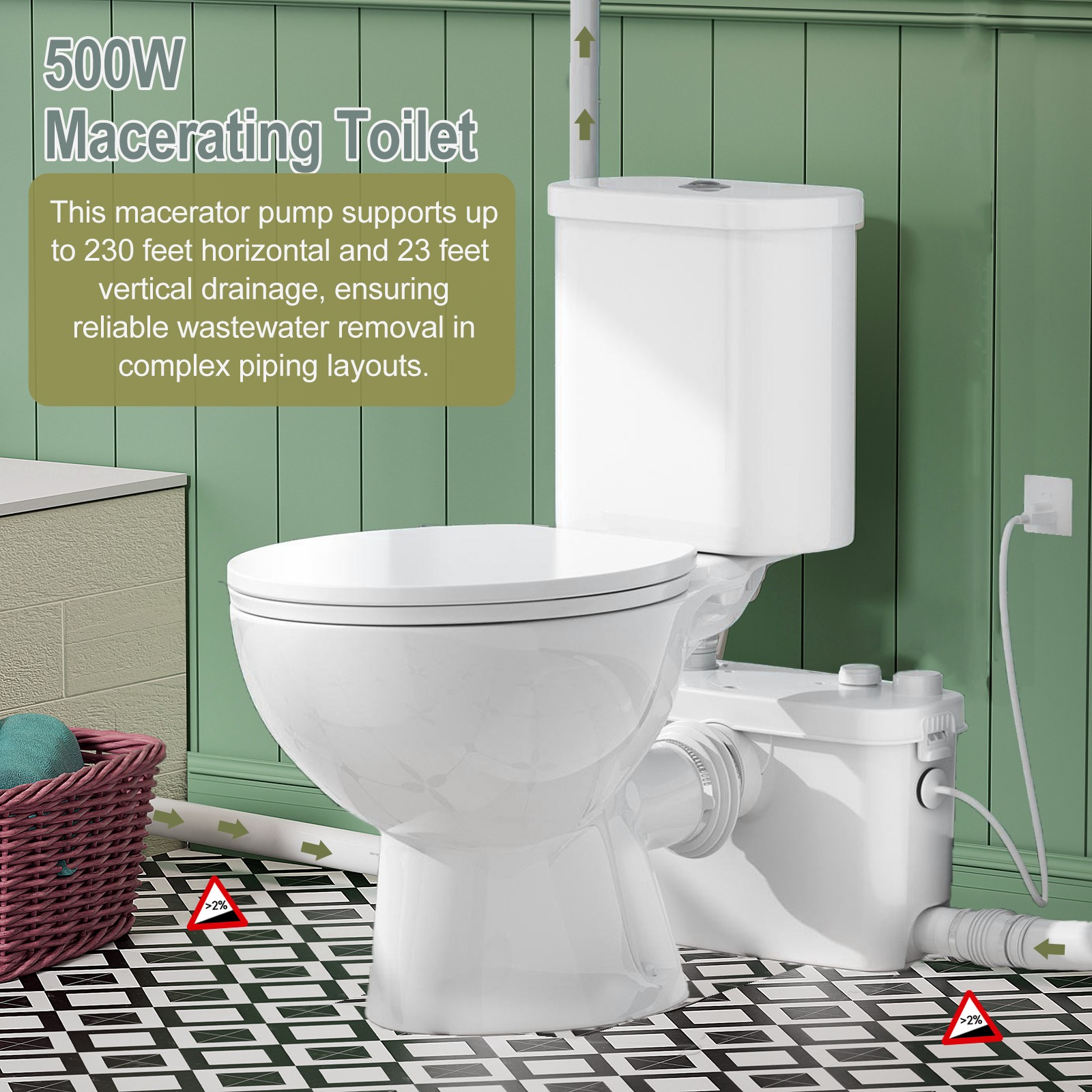 Macerating Toilet System with 500W Pump Upflush Dual Flush Toilet for Basement