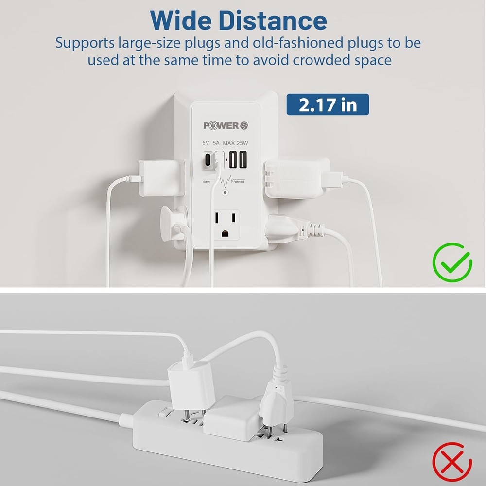 2 Pack Electrical Outlet Extender with USB Ports, Surge Protector Wall Adapter