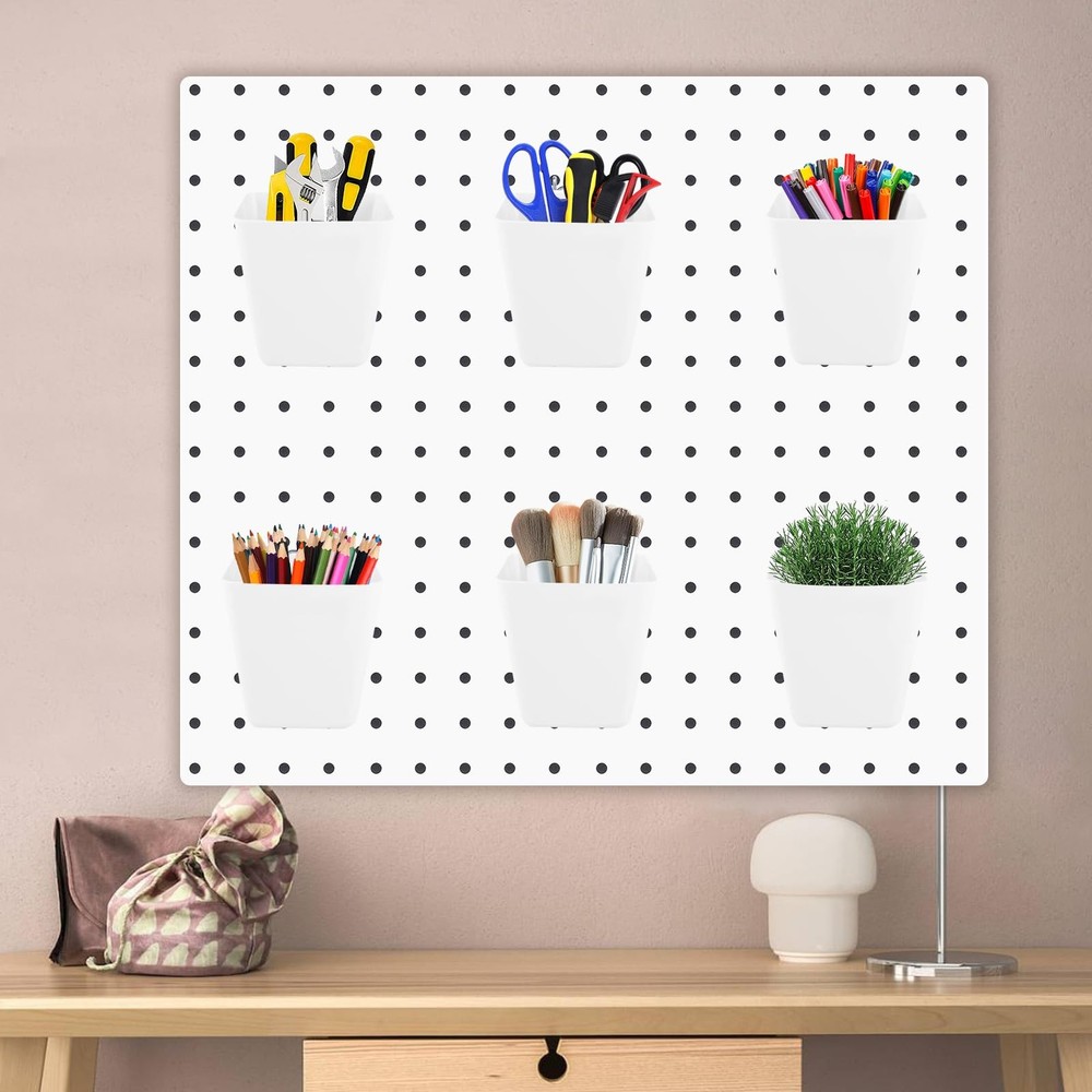 6Pack Pegboard Cups, Large Square Bins with Hooks, White, Polypropylene (PP),...