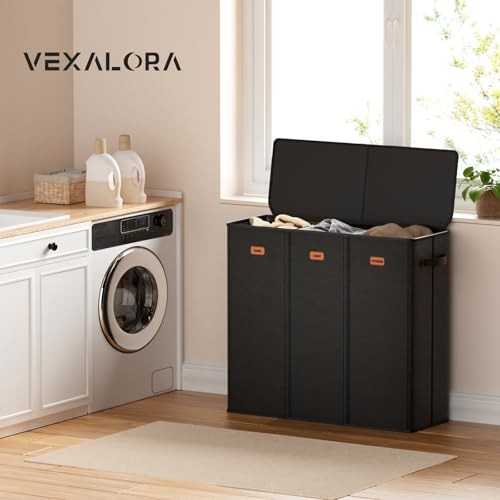 185L Laundry Hamper 3 Section, Laundry Hamper with Lid, 185L - 3 Section Black