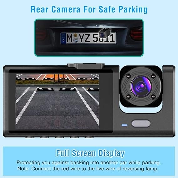 3 Channels Car Dash Camera 1296x1080P Front Inside & Rear Camera 130°Wide Angle