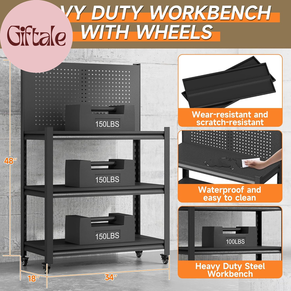 Workbench with Pegboard, Adjustable Heavy Duty Work Table with Wheels, Heavy Dut