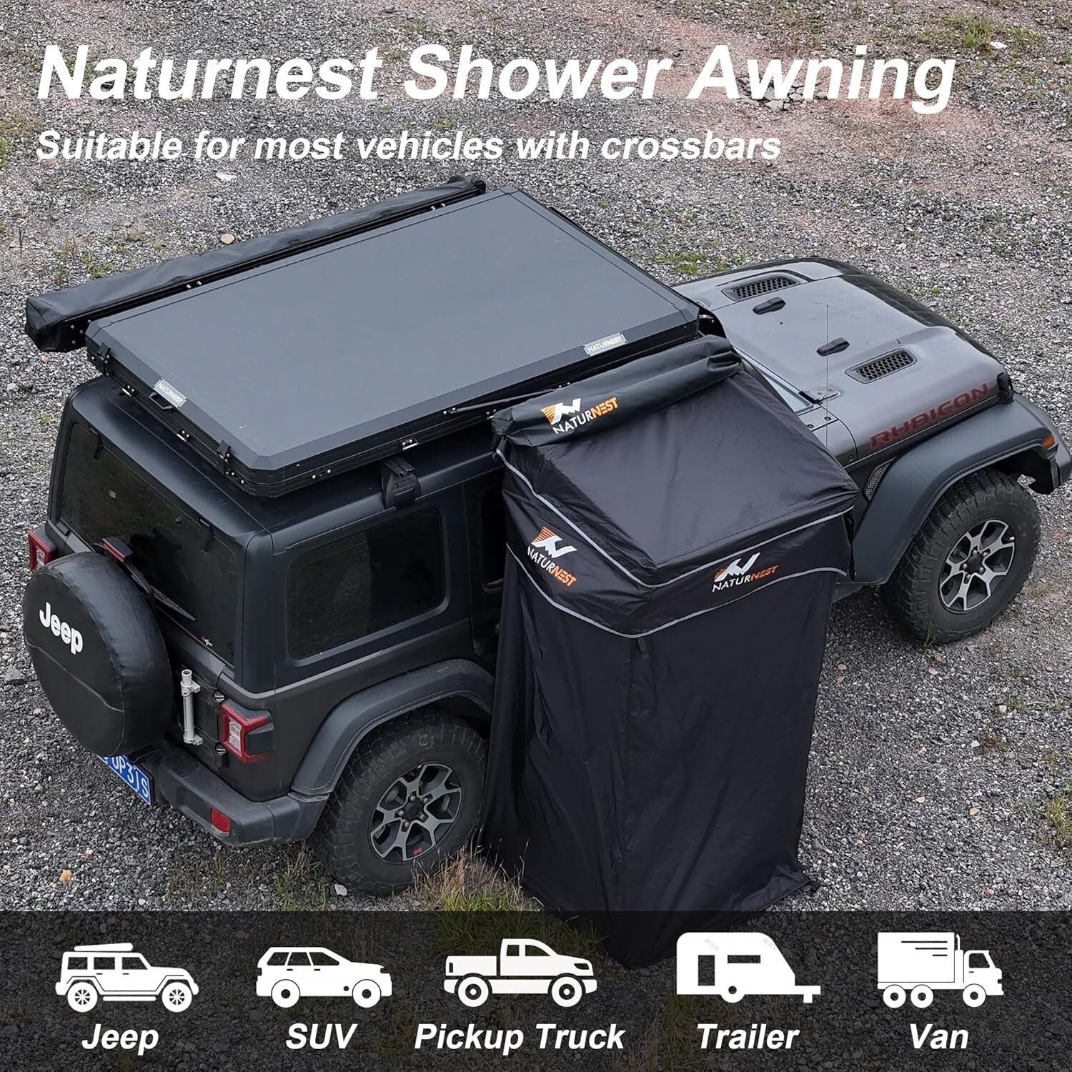 Naturnest Car Camping Shower Tent Overland Shower Awning with Roof LED Floor Mat