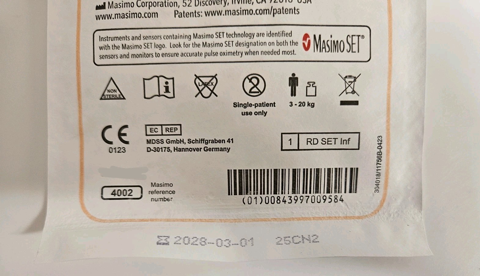 Masimo Infant Pulse Oximeter Adhesive Sensor, Lot Of 20. Ref: 4002