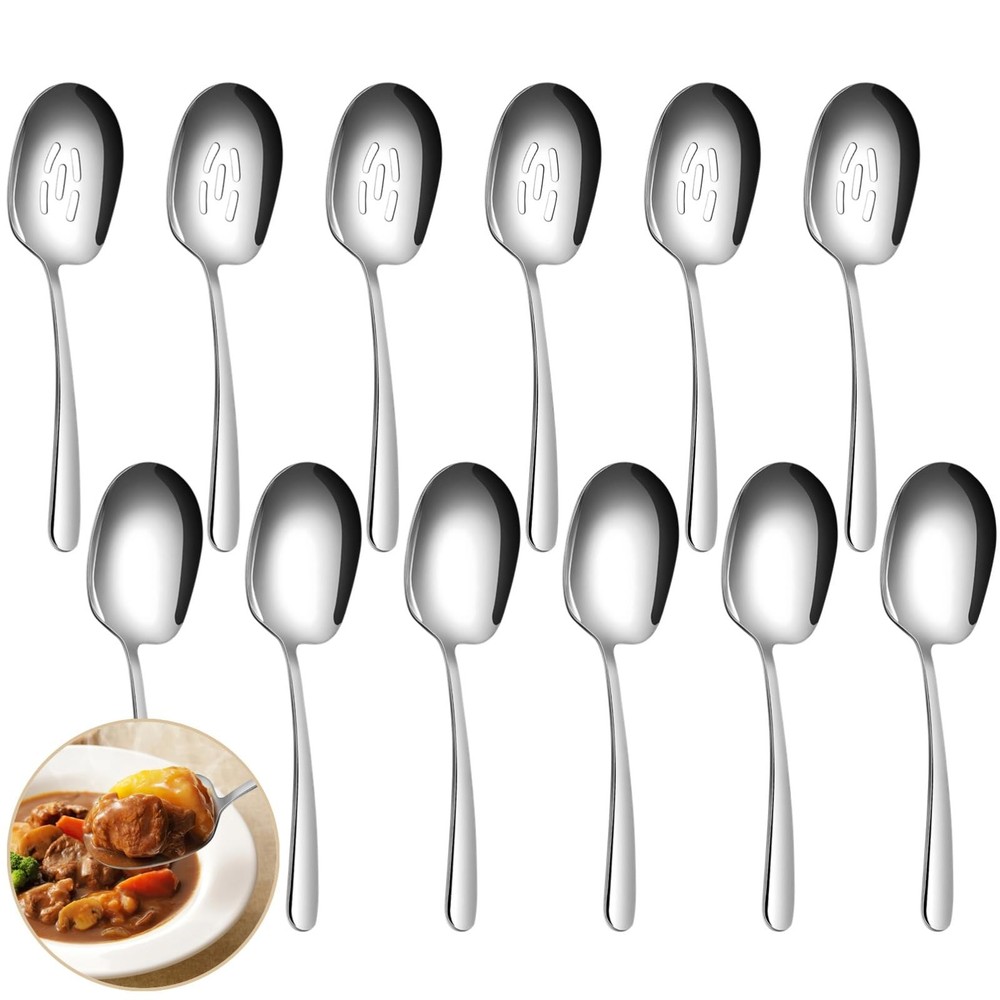 Serving Spoon Set Stainless Steel Large Slotted  Solid Utensils 12 PCS