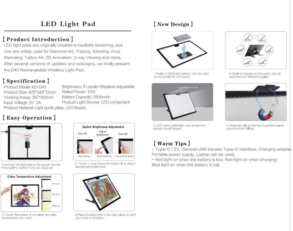 Wireless Rechargeable A3 Light Pad with Carry Case ,Diamond Art Light