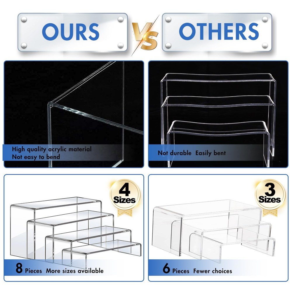 Large Acrylic Risers 8 Pcs 2 Set Display Rectangular Stands Shelf Clear