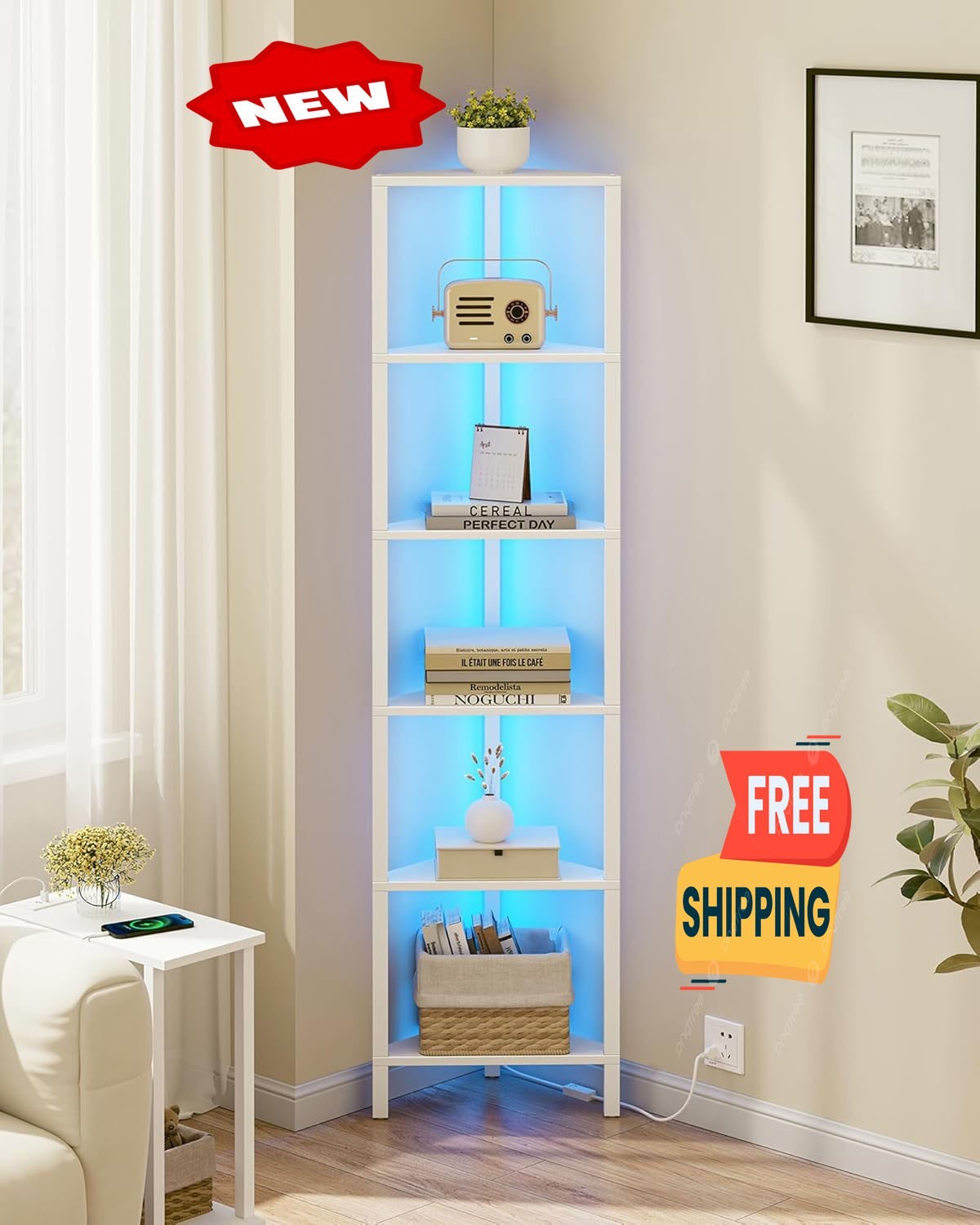 Estantería esquinera de 6 niveles con luz LED, ideal para espacios reducidos, co