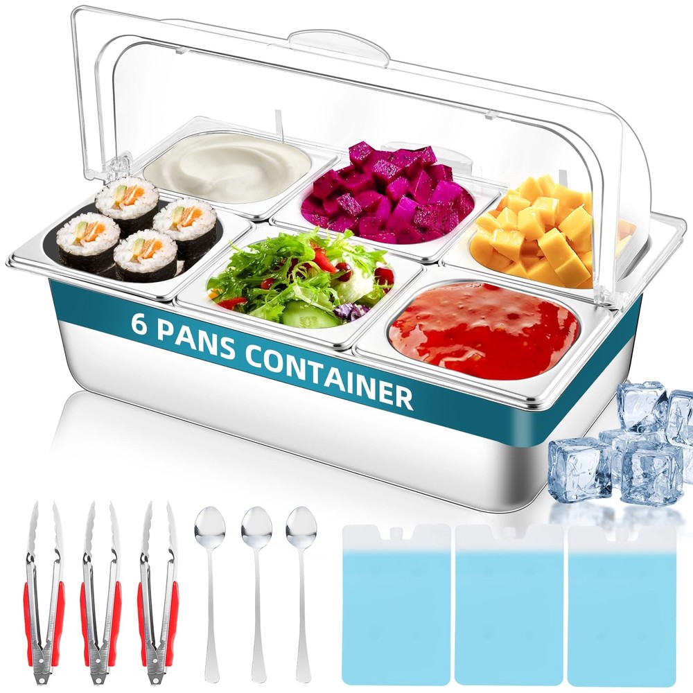 Cold Serving Tray, 6 Pans Ice Cooled Condiment Dispenser Serving Container, F...