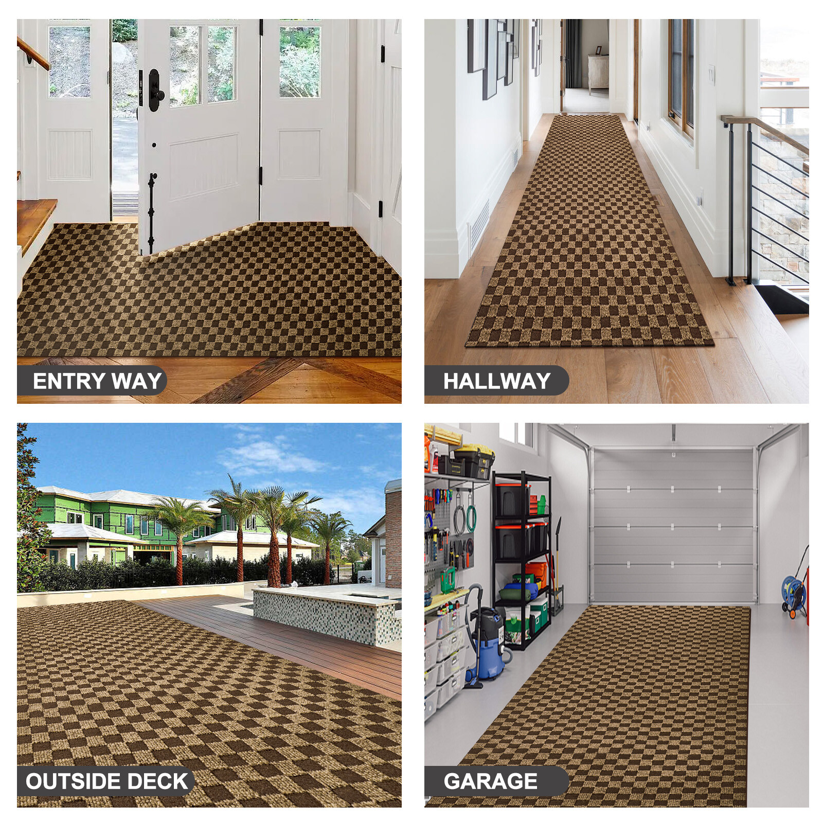 Runner Rug Hallway Non Slip Rubber Back Custom Size as Carpet Doormat Checkered