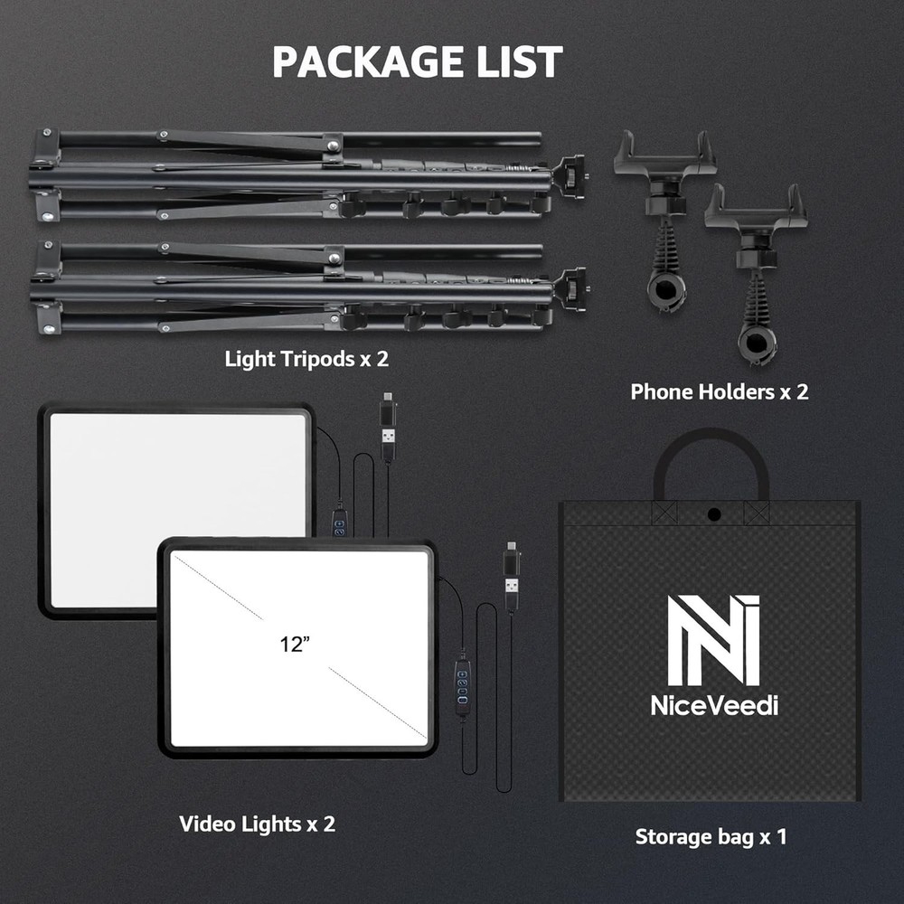 Professional LED Video Lighting Kit with Adjustable Brightness & Tripod Holder