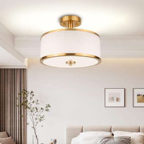 3-Light Semi Flush Mount Ceiling Light Fixture, Brushed Gold + White Fabric