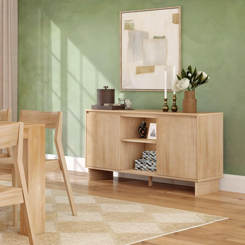59" Modern Pine Sideboard Buffet Cabinet with Doors & Shelf