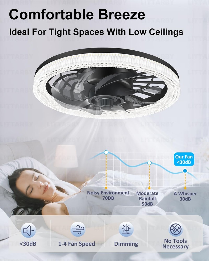 Ceiling Fans with Lights, Socket Fan Light Remote Control, Black-Large