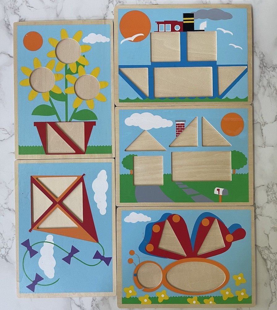 Melissa & Doug Wooden Beginner Pattern Blocks 5 Double Sided Scenes 30 Shapes