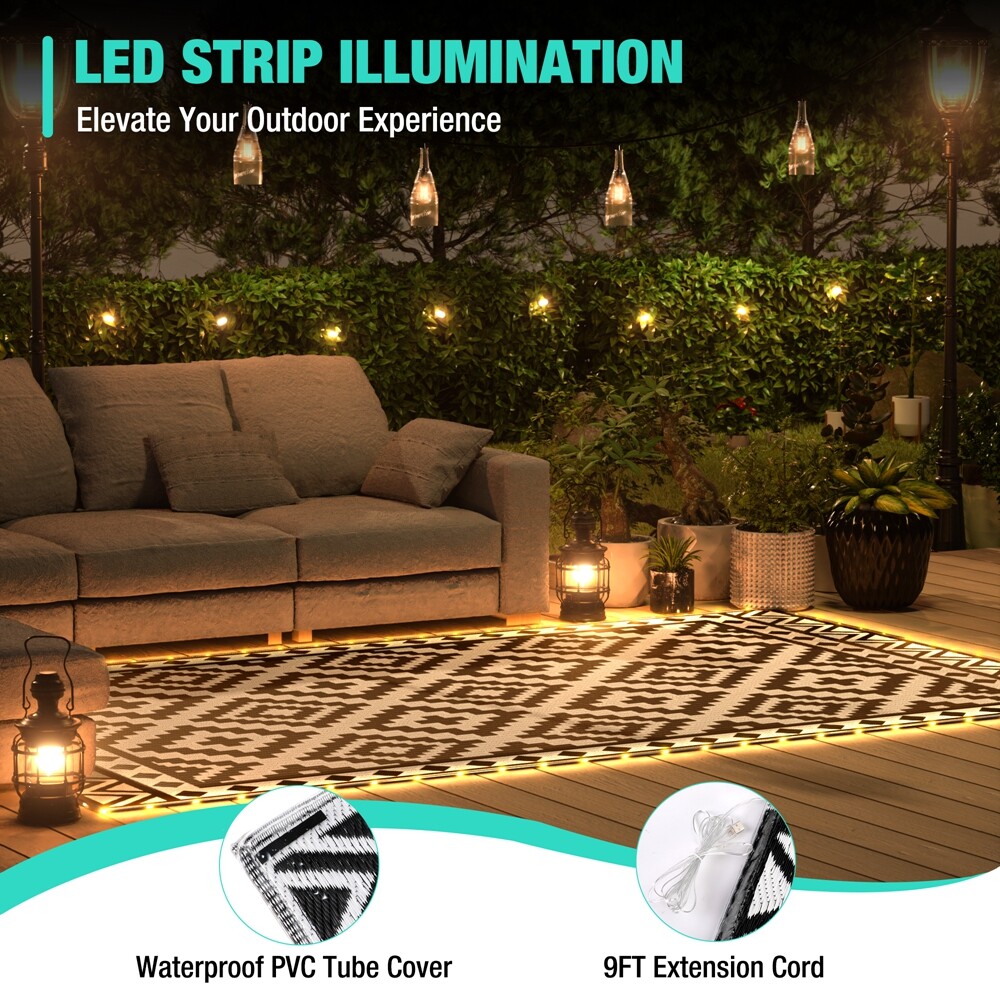 HAUSHOF 5'X8' Outdoor Rug Waterproof with LED Strip Light Black&White for Porch