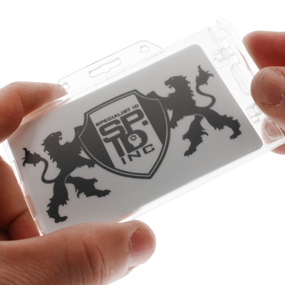 5 Clear Horizontal Permanent Locking ID Card Badge Holders - Hard Rigid Plastic