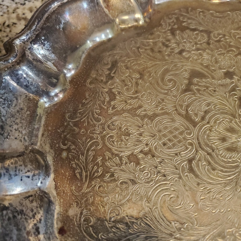 Vintage Ornate Silverplate Serving Tea Tray Footed Scalloped Oval 14" Silver