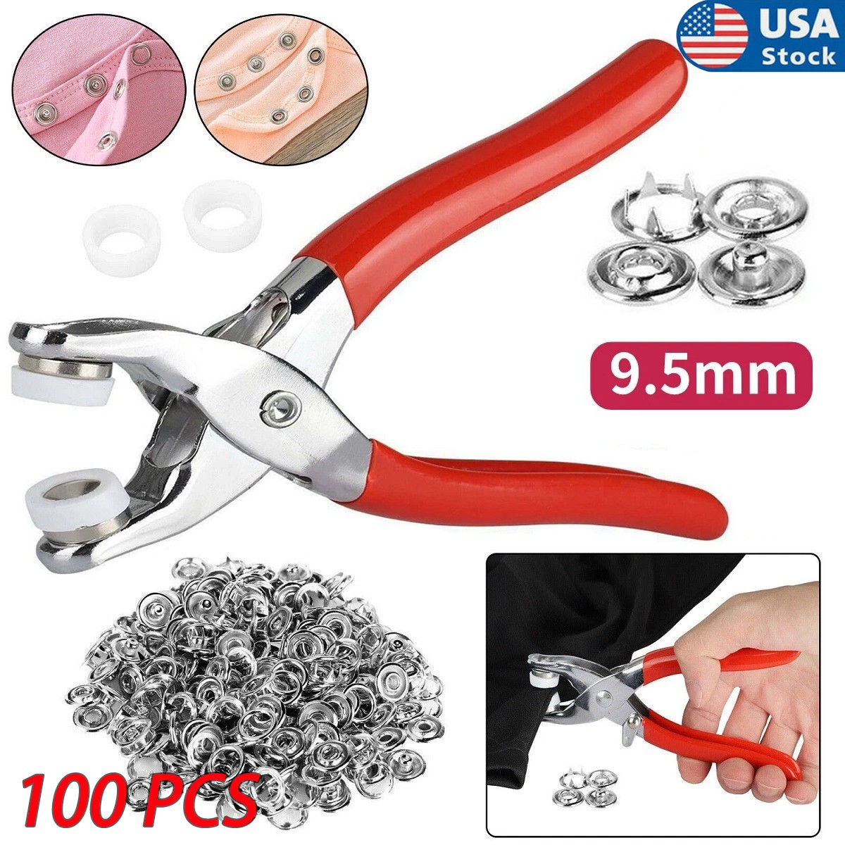 100 Pcs Snap Fastener Kit 9.5mm Press Studs with Pliers for Fabric Craft Clothes