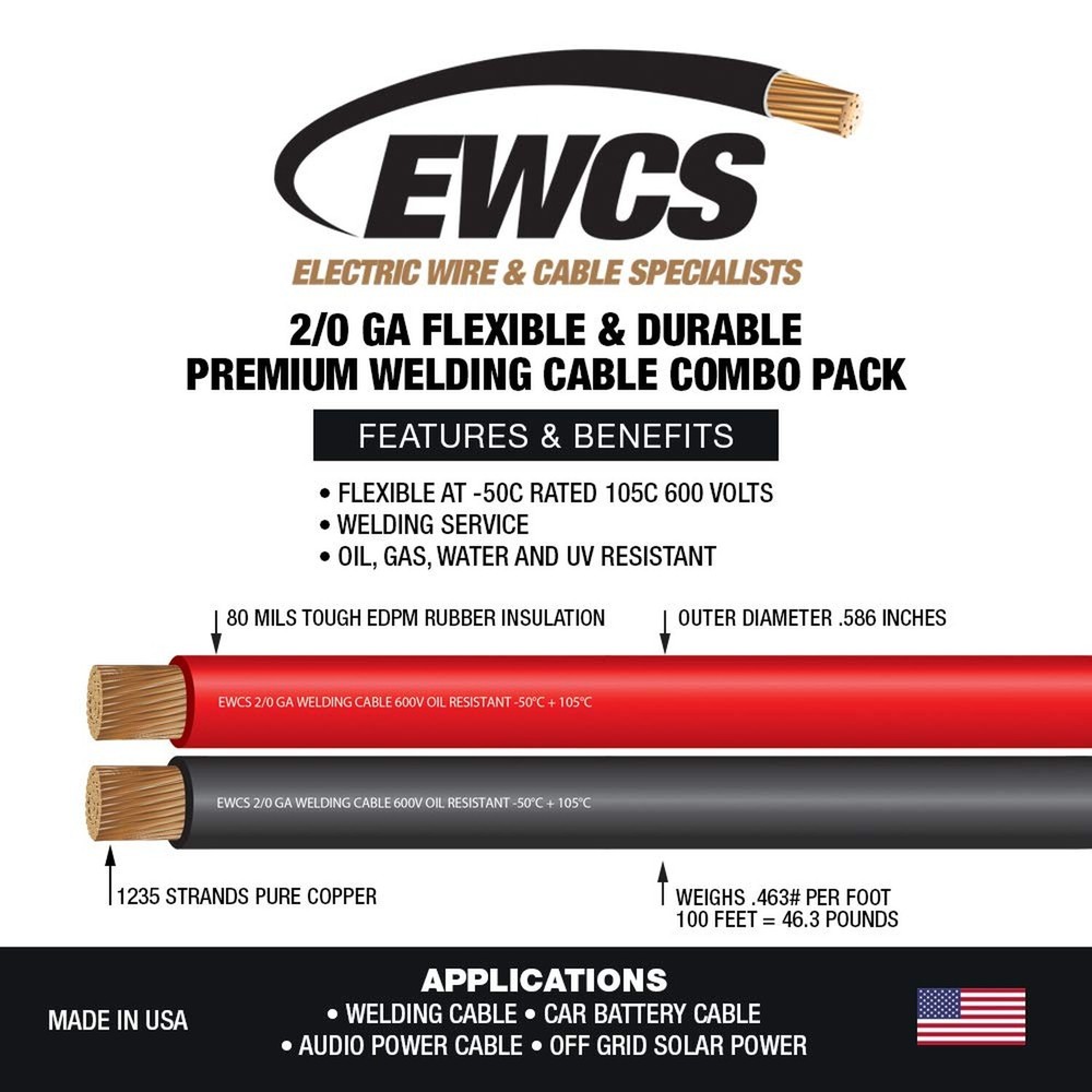 EWCS 2/0 Gauge Premium Extra Flexible Welding Cable 600 Volt - Combo Pack - B...