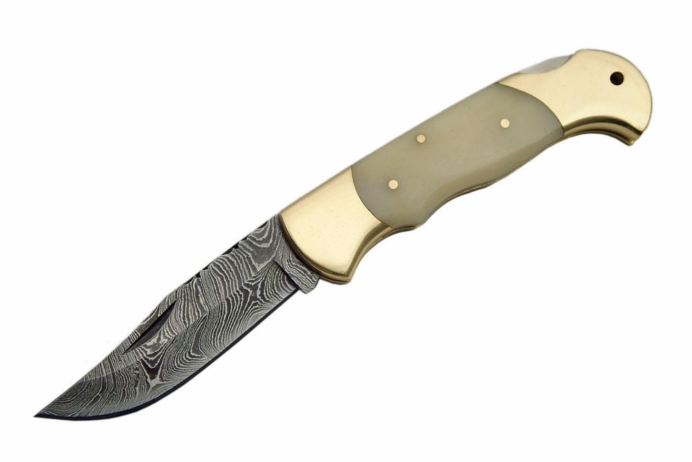FOLDING POCKET KNIFE | 3.25" Damascus Steel Filework Blade Bone Handle Lockback