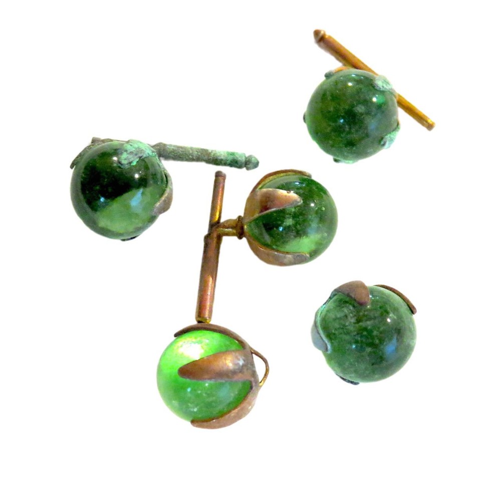 ANTIQUE Green GLASS Ball BUTTONS Claw & SPRING Backs