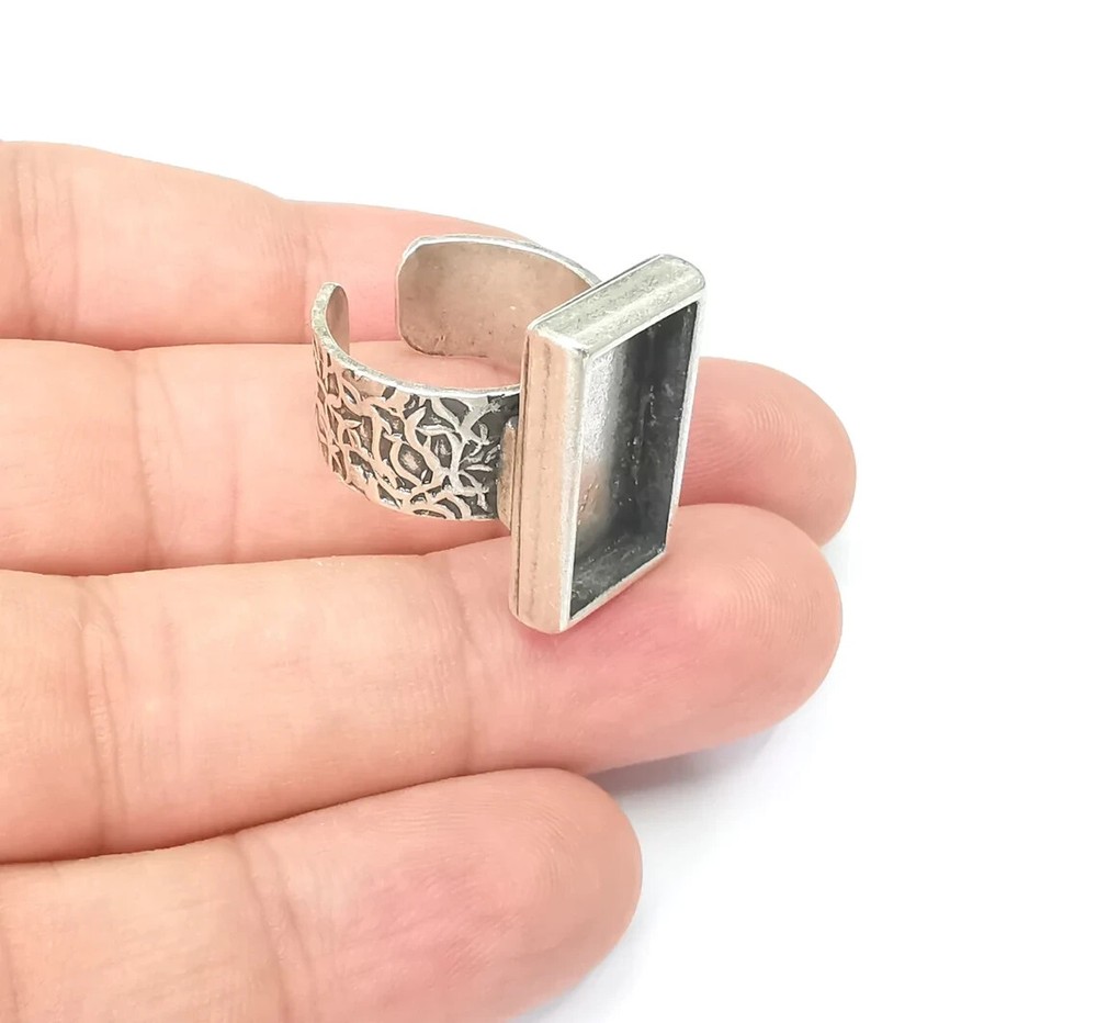 Rectangle Antique Silver Ring Blank Settings, Cabochon Mounting Adjustable Resin