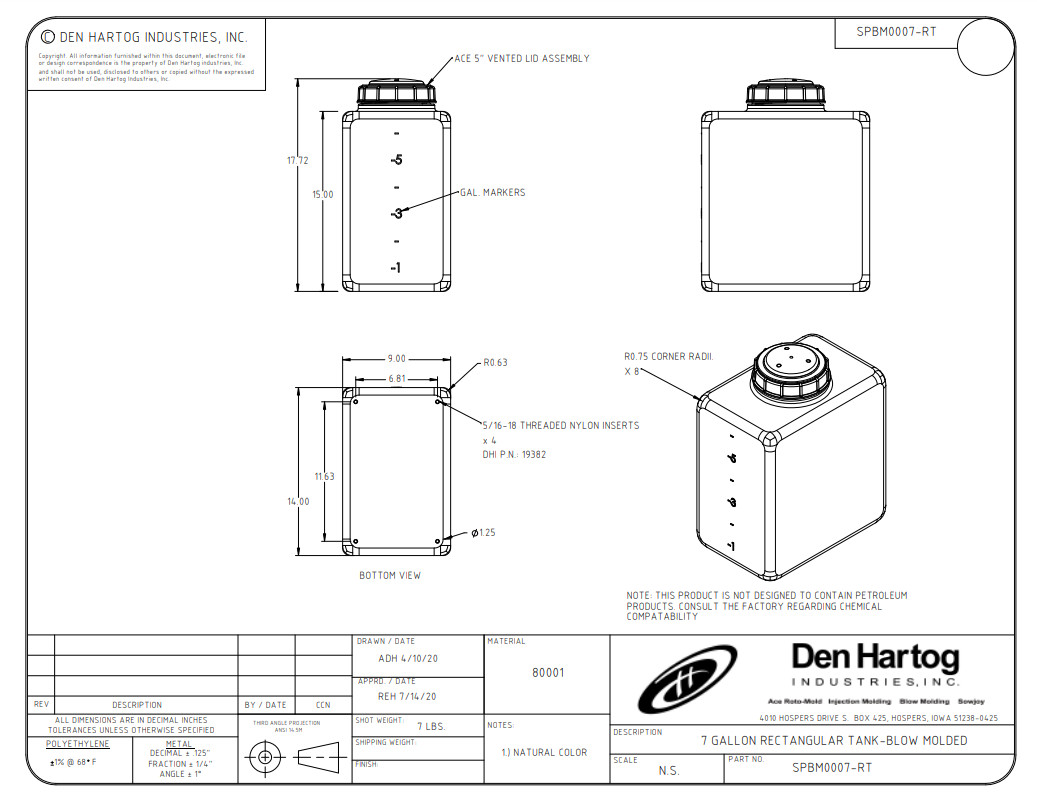 Ace Roto-Mold Blow Molded 7 Gal Rectangle Flat Bottom White Tank - SPBM0007-RT