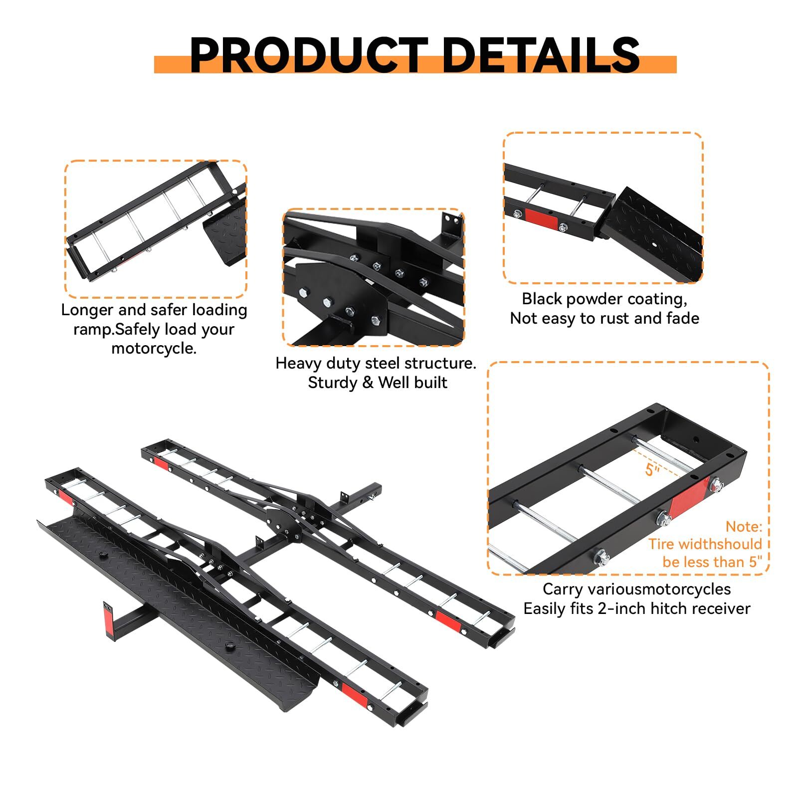 600 Lbs Steel Dirt Bike Hitch Hauler for Two Motorcycle Hitch Carrier with Ramp