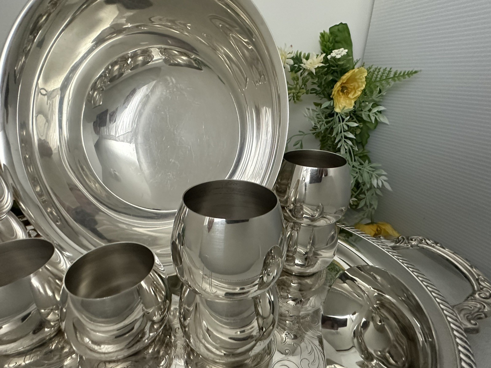 Punch Bowl Silver Plated Set Tray, Cups, Bowl, Ladle Vintage Drinkware - 14 pc