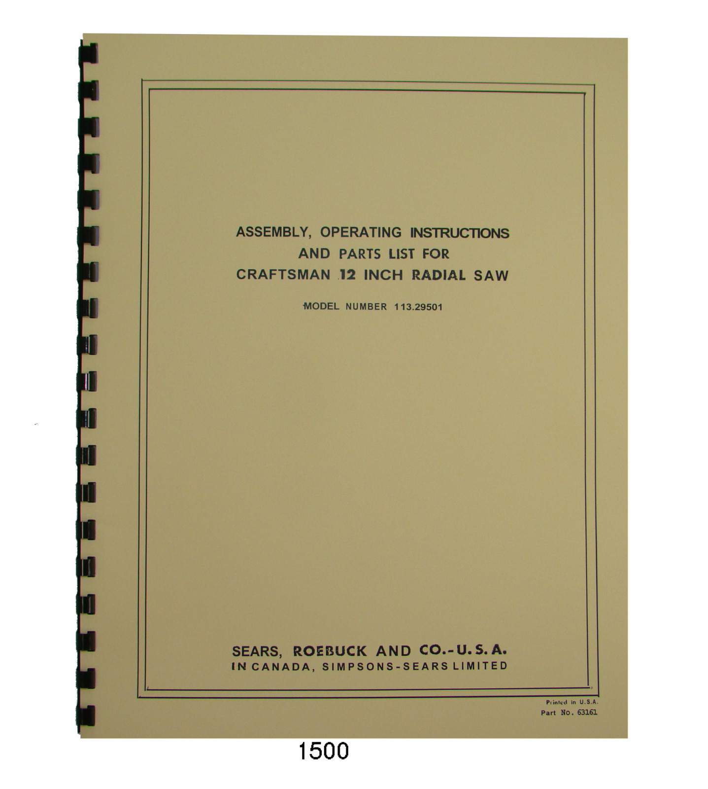 Sears Craftsman 113.29501 12 Inch Radial Arm Saw Op & Parts Manual #1500
