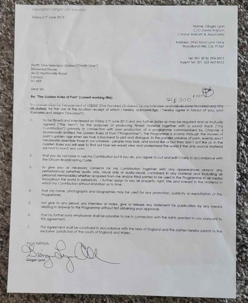 * RARE * Ginger Lynn Contract Document Signed Autographed