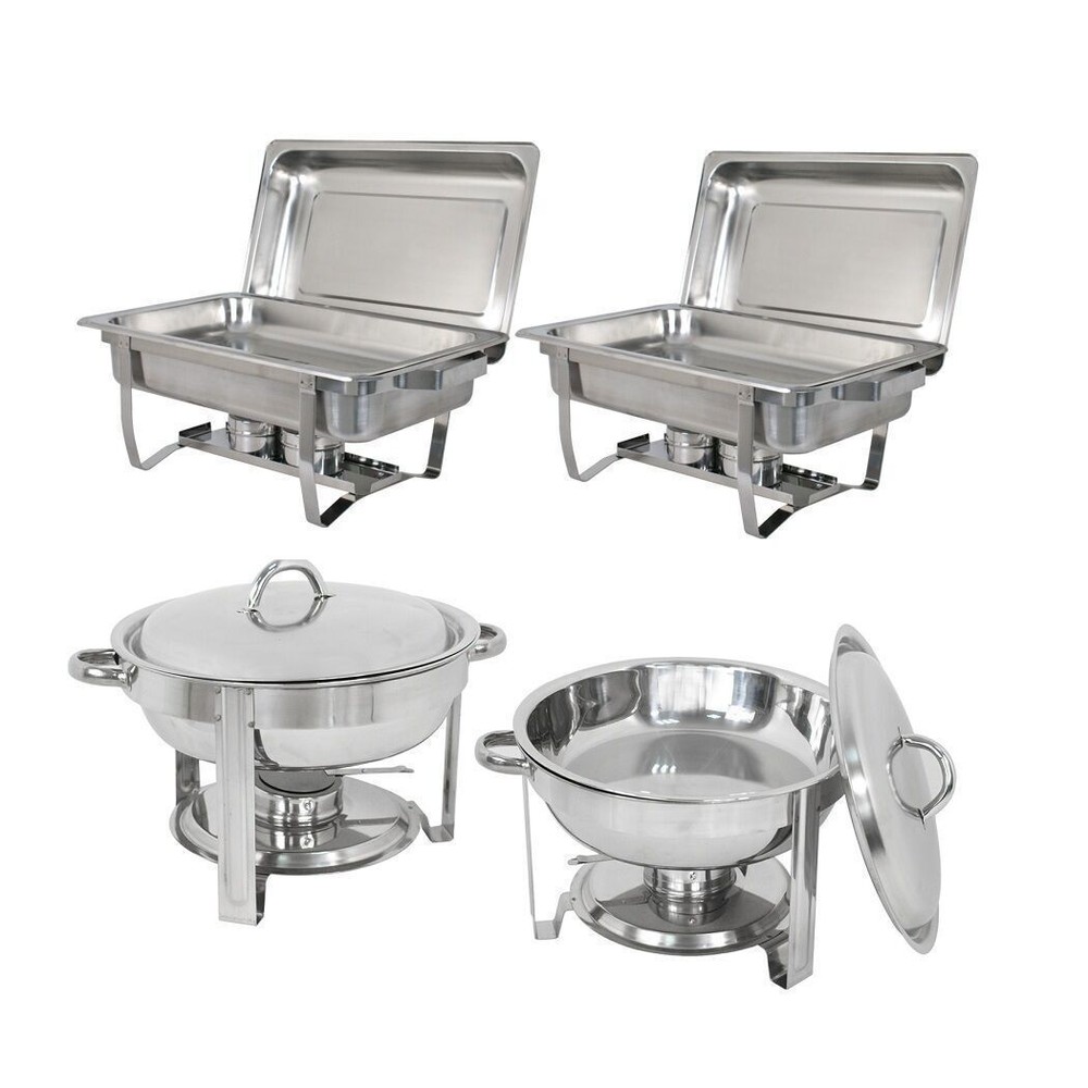 2 Round 5QT Chafing Dish + 2 8QT Rectangular Chafers Stainless Steel Buffet Set