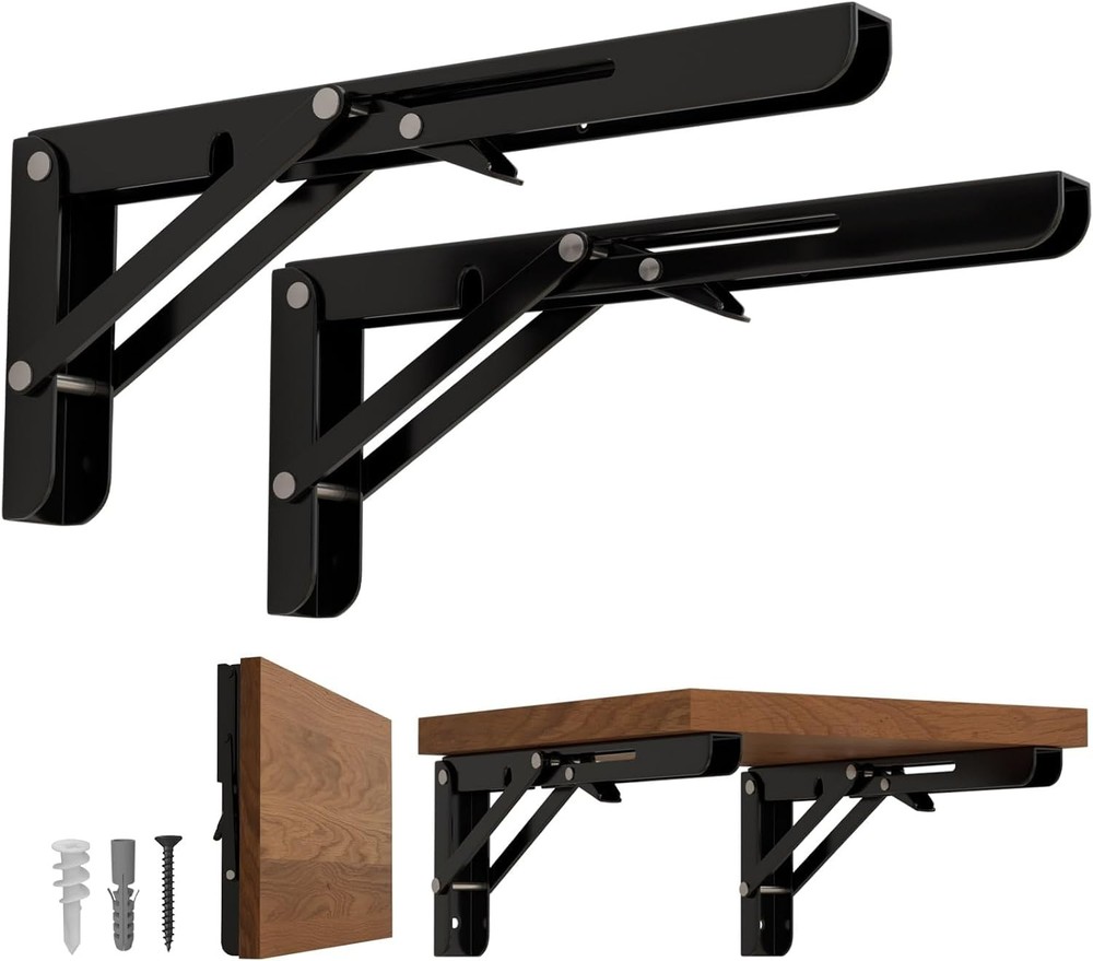 8" Folding Shelf Brackets-2 Pack Foldable Heavy Duty Triangle Collapsible Black