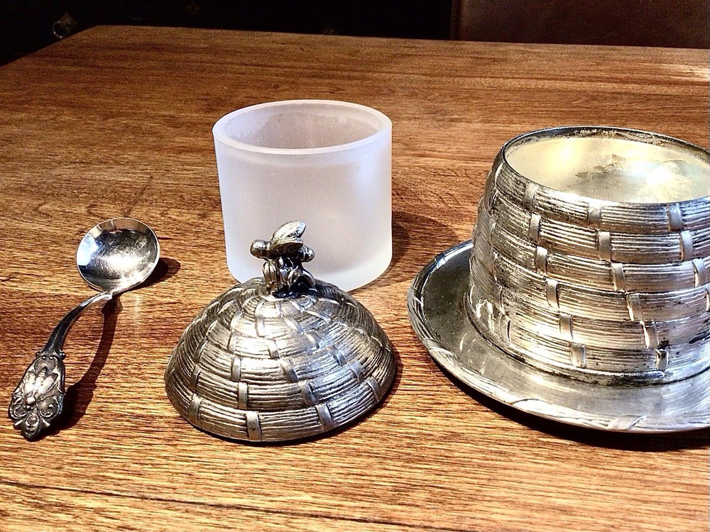 Honey Pot Silver Plate 4pc. Set w/ Lid Pot Glass Liner & Spoon RARE