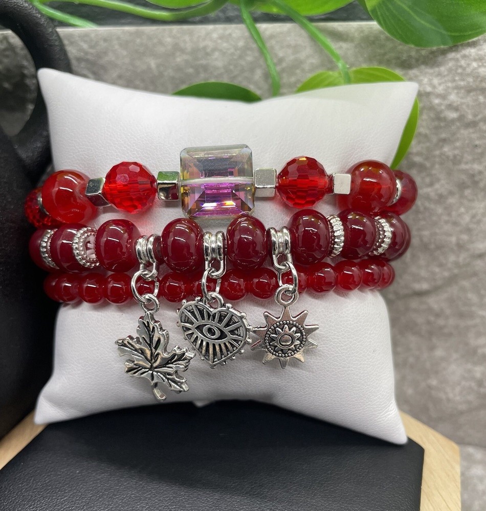 3 PC Handmade Boho Beaded Stackable 6.5” Plus Stretch Bracelet Set New B1331