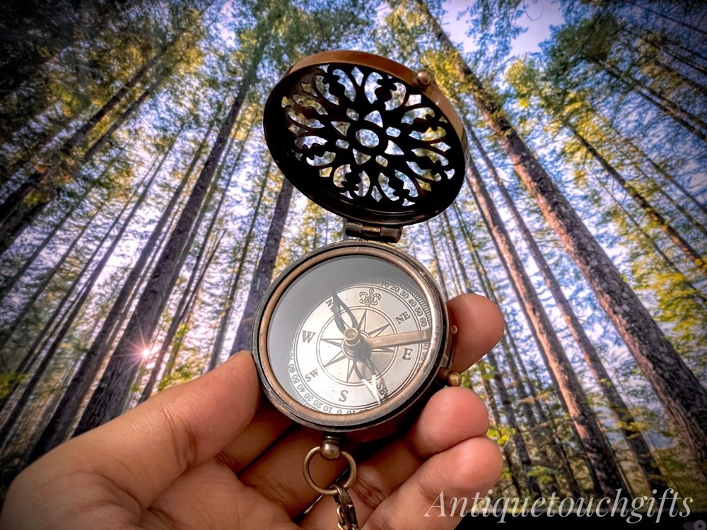 Personalized - "2" Brass Compass with Chain and Leather Case - Thoughtful Gift