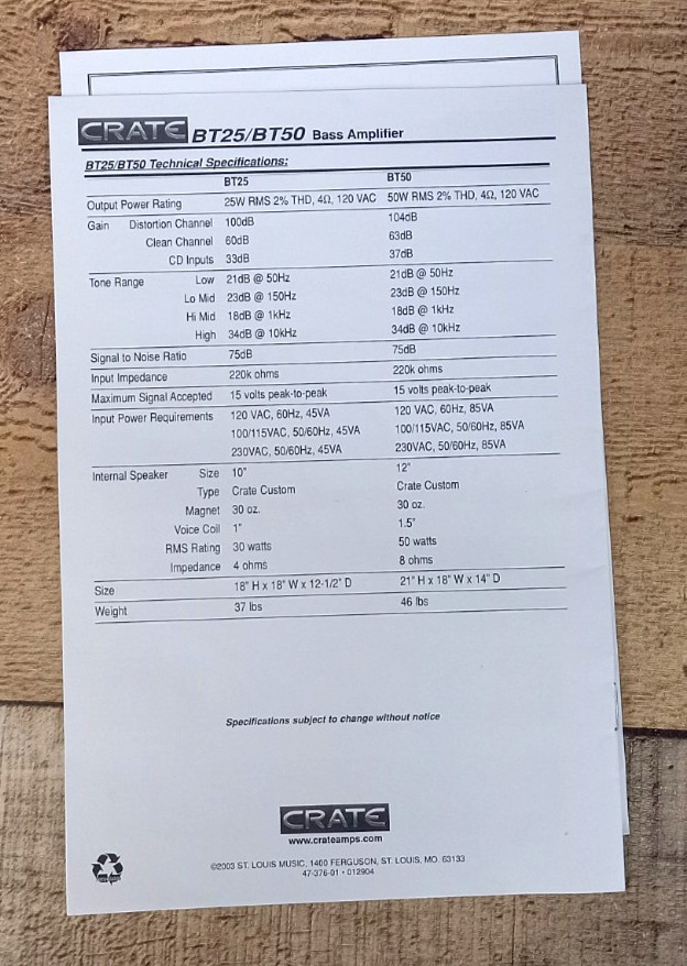 Replacement Manual for Crate BT25/BT50 Bass Amplifier User's Guide