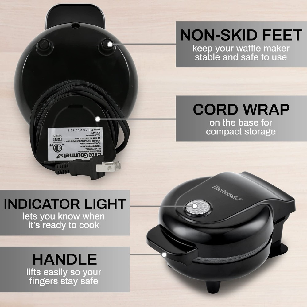 Elite Gourmet Nonstick Waffle Maker Compact Griddle Appliance 4 Plates