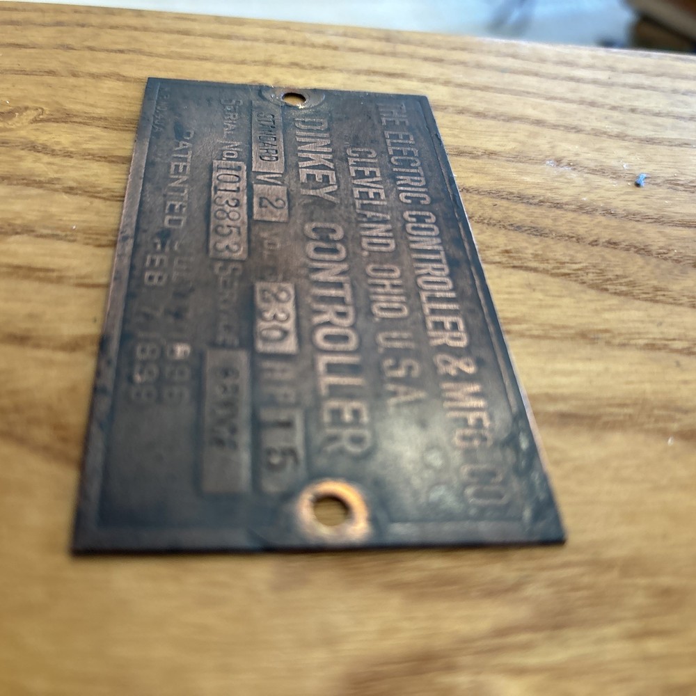 Dinkey Controller Copper/Brass Engine Tag 1899 Patent