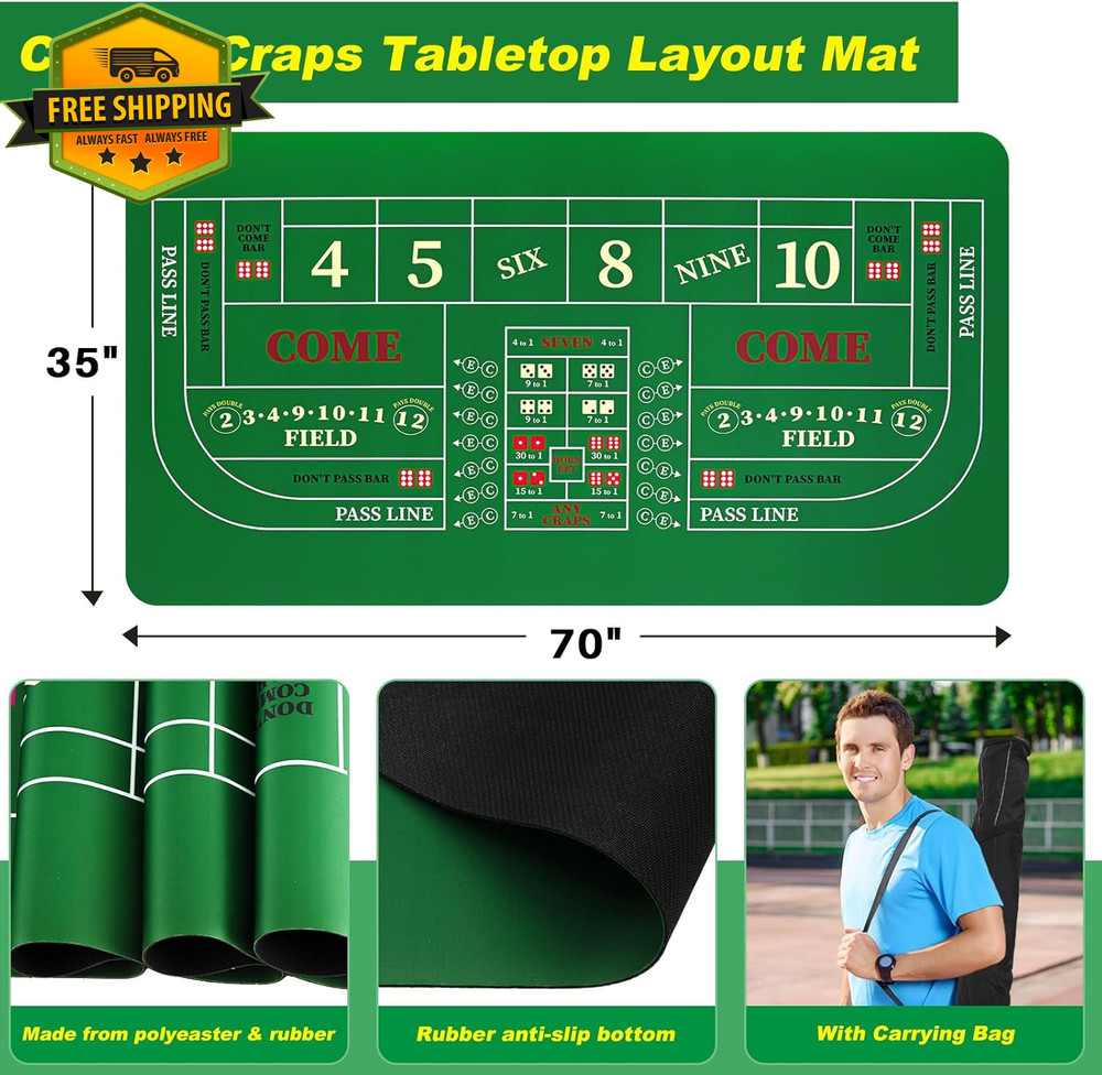 Craps Tabletop Game Set 35x70 Layout Mat Casino Dice Game Kit